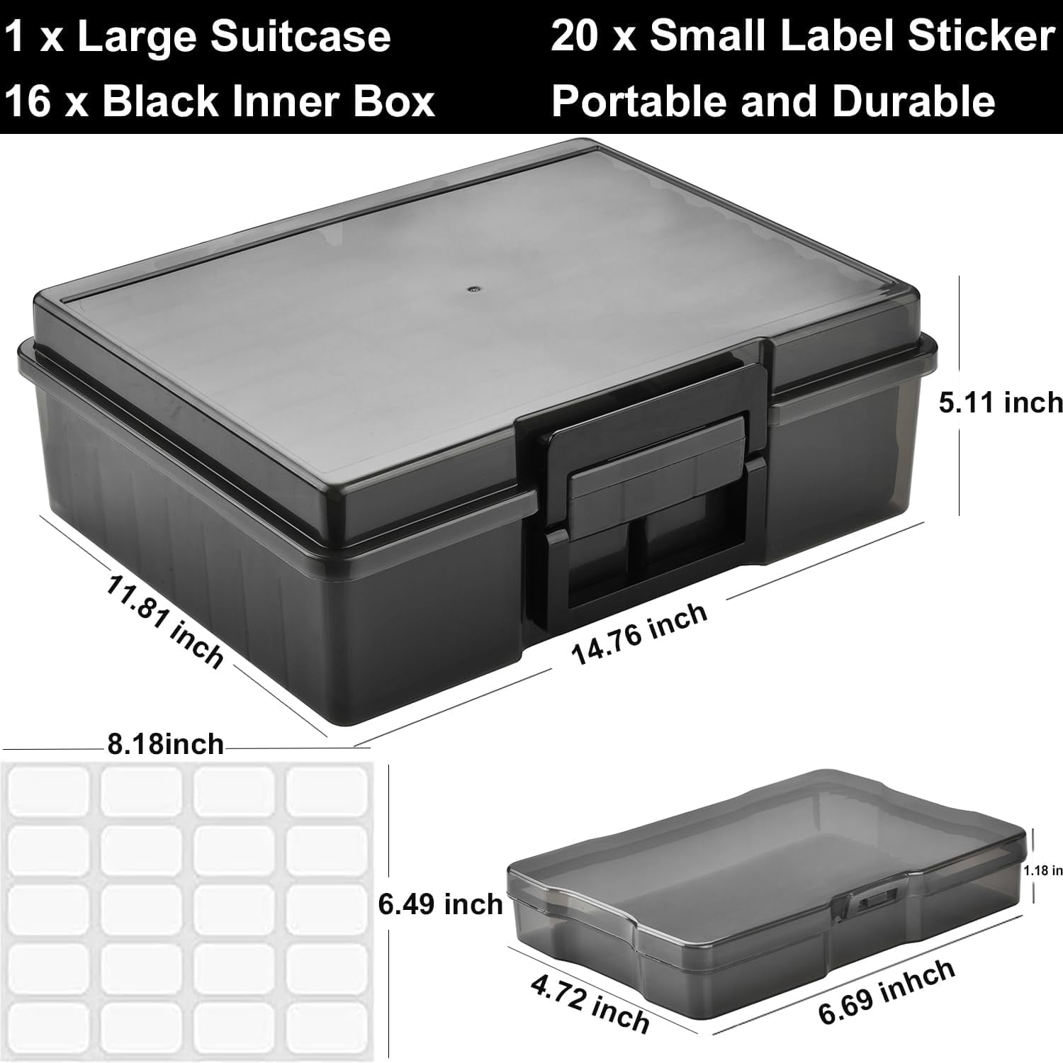 Photo Storage Box with 16 Inner 4" x 6" Photo Case, Portable Storage Organizer with Handle Craft Keeper for Picture, Stickers, Stamps, Screws, Hair Clips, Black