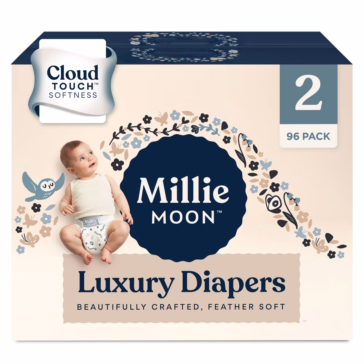 Miilliie Moon Luxury Size 2 Diapers (9–18 lb), CloudTouch™ Ultra-Soft, Hypoallergenic, 96 Count Value Pack