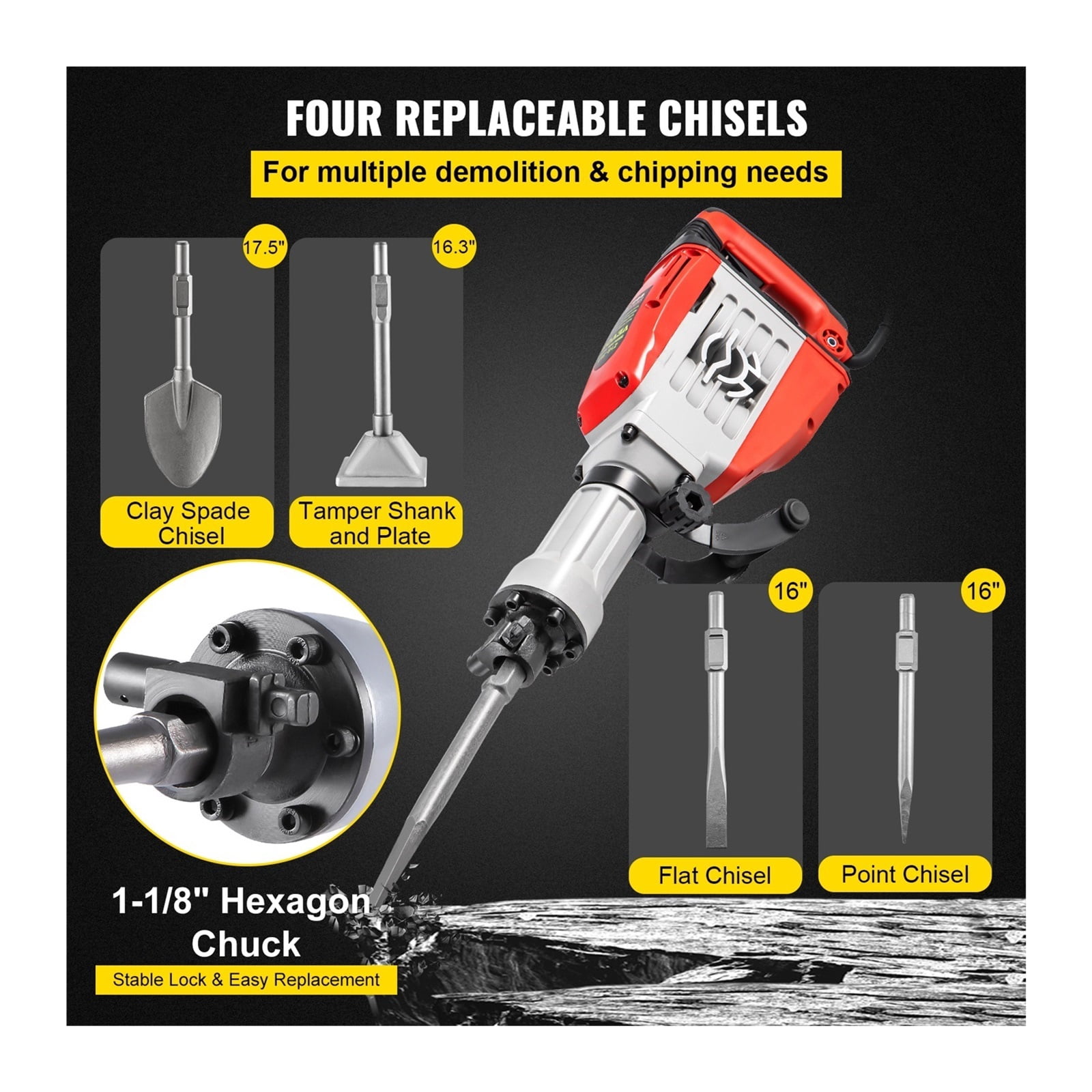 Demolition Jack Hammer 3800W Multifunctional Rotary Hammer With Box Concrete Ground Breaking Electric Hammer Tool Impact Drill For Trenching, Chipping, Breaking Holes ,Efficient and Reliable
