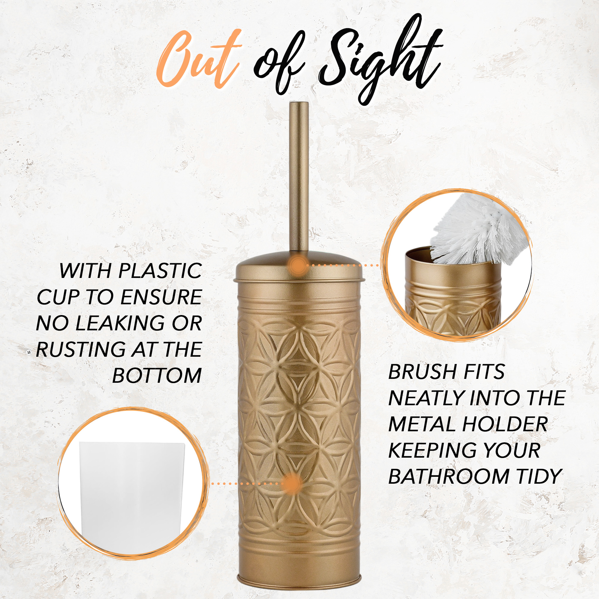 Autumn Alley Farmhouse Gold Bathroom Accessories Set – Includes Gold Bathroom Trash Can & Toilet Brush with Holder, Handcrafted Modern Waste Bin & Standing Toilet Brush, Embossed Metal Design Décor