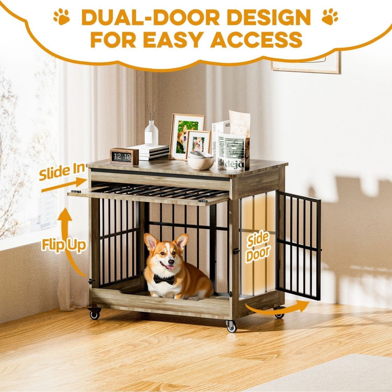 32" Dog Crate Furniture, Wooden Dog Kennel with Double Doors & Wheels, Indoor Dog Cage End Table for Small & Medium Dogs, Furniture Style Pet Crate, Greige