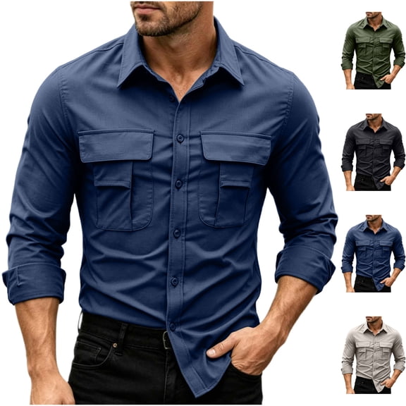 Big & Tall Men's Safari Utility Work Shirt with Mesh Vented Back Button Down Long Sleeve Tactical Fishing Tops Ripstop Cargo Pockets for Outdoor Travel, Blue, 4XL