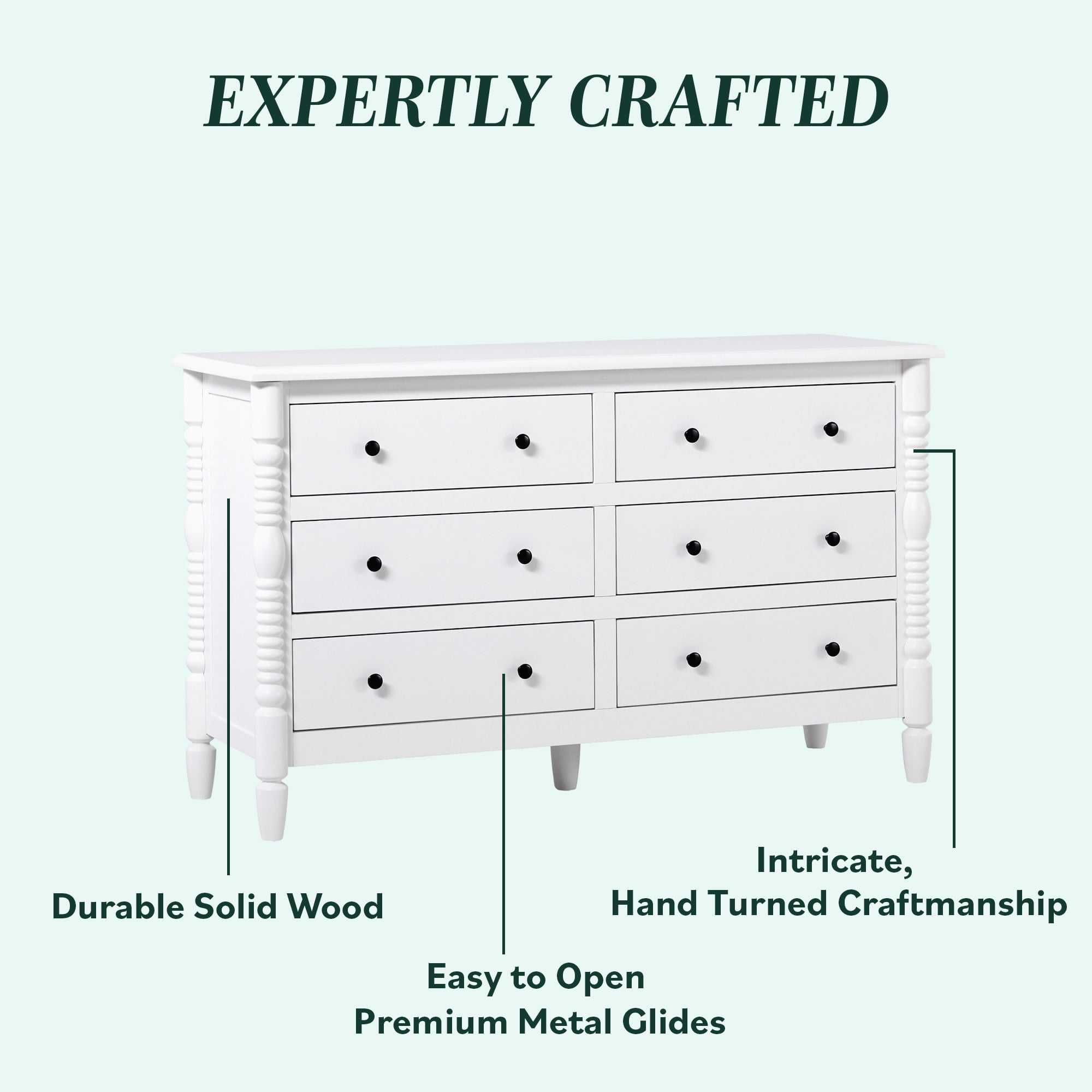 Vivienne Walker Edison Easy Assembly Solid Wood Spindle 6-Drawer Dresser - White