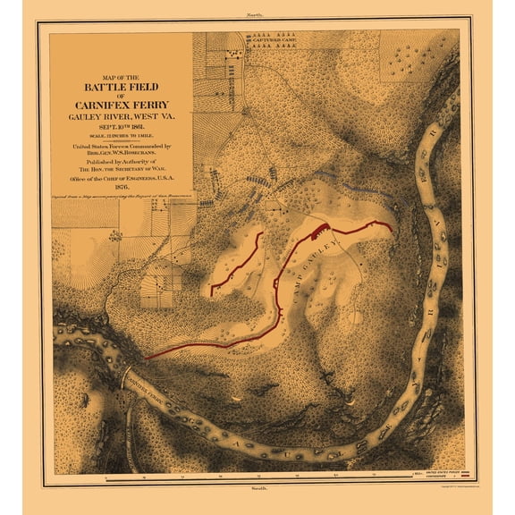 Historical Civil War Map - Carnifex Ferry West Virginia Battlefield - US Army Corps 1876