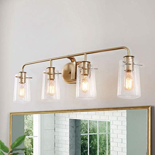 Ksana Vanity Light 4 Modern Bathroom Lighting In Antique Brass Metal Finish With Clear Bubbled Glass Shades 31 Large Mid Century Wall Sconce Com - Mid Century Modern Bathroom Wall Light