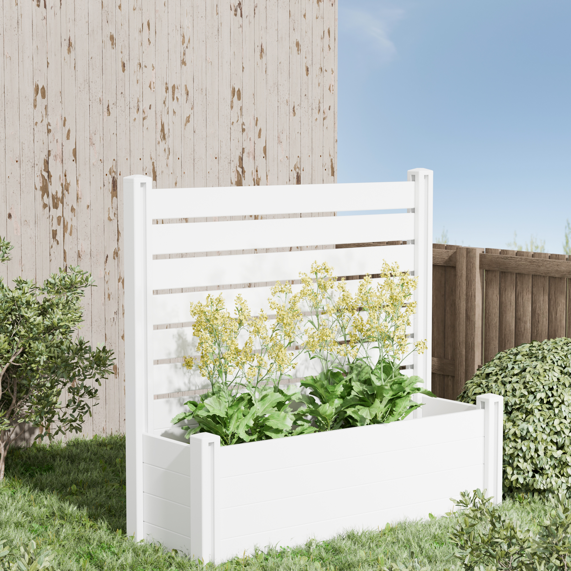 MAYEERTY Outdoor White PVC Rectangular Planter Box with Trellis for Climbing Plants, Raised Garden Bed