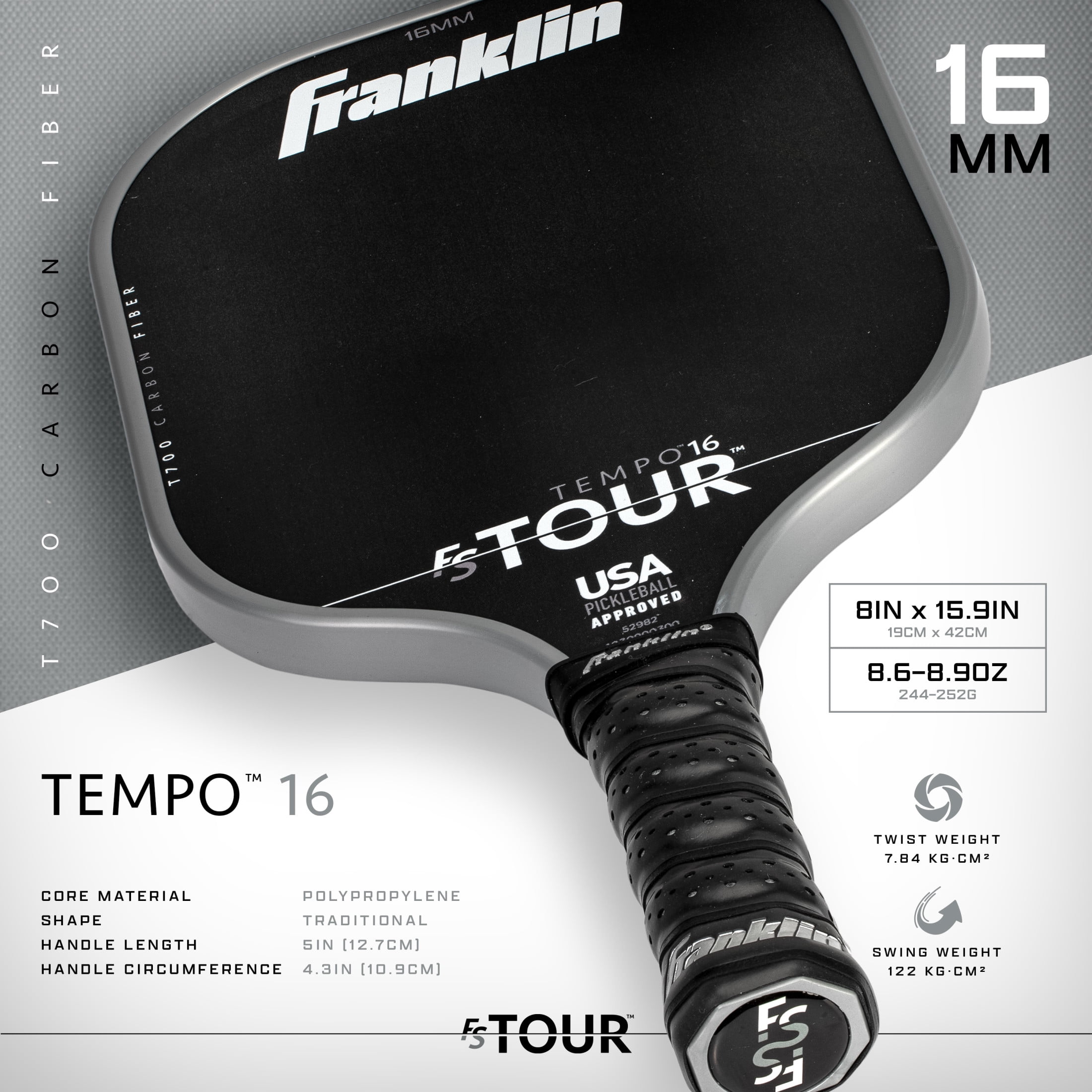 Franklin Sports Pro Pickleball Paddles - FS Tour Series Carbon Fiber Pickleball Paddles - Official USA Pickleball (USAPA) Approved Paddles - Tempo Pro Player Paddle - 16mm Polymer Core - Gray