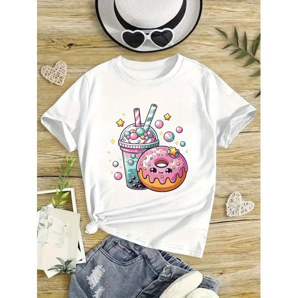 Camiseta de algodón con gráfico de donuts para niña - Camiseta ligera de verano de manga corta con diseño de estrellas y chispas, cuello redondo suave e informal, moda infantil, estilo caricatura, aj