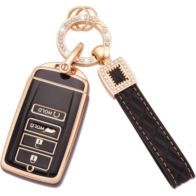 Car Key Fob Cover for ACU-ra CDX RDX RLX TLX TLX-L ILX NSX 4 Buttons TPU Soft Smart Car Key Shell Case Key Protector with Bling Leather Keychain,1,Black