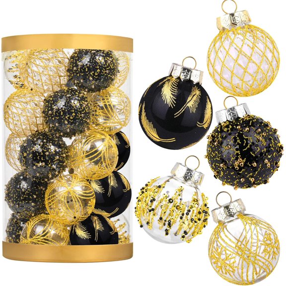 25pcs Christmas Tree Balls, 2.36" Christmas Ornament Decorations Shatterproof Ornaments Black and Gold Color Painted Christmas Baubles Decorations for Party Wedding Christmas Decor