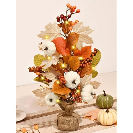 Lyacmy Fall Decorations for Home, 18 Inch Artificial White Pumpkin Maple Leaf Tree with Lights for Thanksgiving Home Indoor Tabletop Decor (1 Pcs)