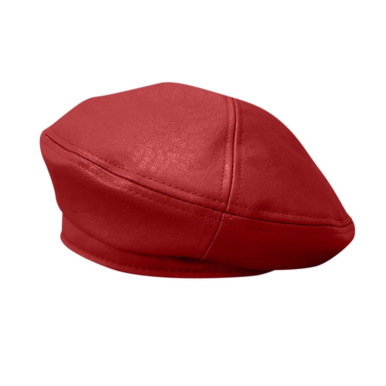 NEW TRENDY RED FAUX LEATHER BERET Red Faux Leather and Houndstooth French Beret Hat. Women main image 3