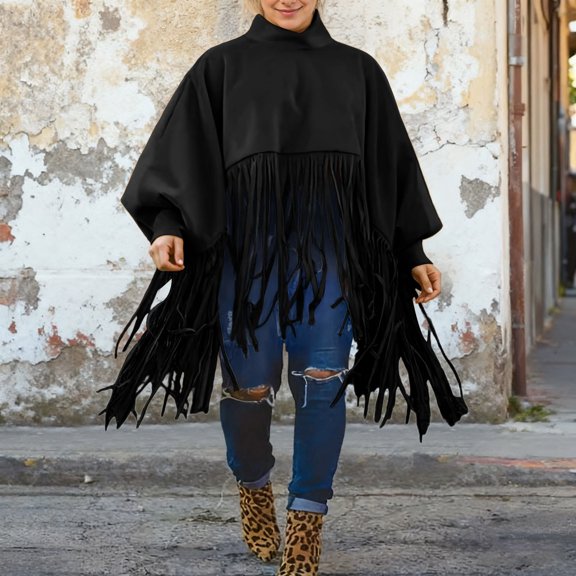 YMNXA Womens Top With Fringe Detail Long Sleeve Turtleneck Solid Color Elegant Comfortable Pullover For Casual Daily Wear Black Xxxl