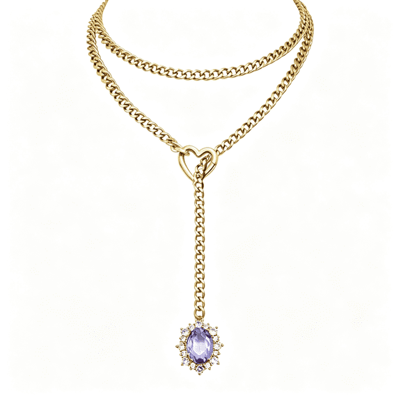 DESIGNICE Women'S Heart O-Ring Slip Chain Necklace, Double Layered Adjustable 39'' Cuban Chain with Detachable Heart Clasp and Colorful Rhinestone Pendant Slip Chain Necklace