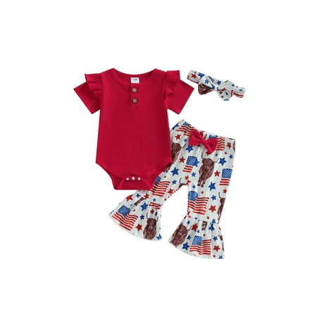 

Calsunbaby 4th of July Baby Girl Short Sleeve Ribbed Romper + Flare Pants + Headband Set