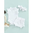 thumbnail image 2 of aturustex 3 Pcs Baby Casual Set Solid Color Sleeveless Romper + Elastic Waist Shorts + Bow Headband Summer, 2 of 9