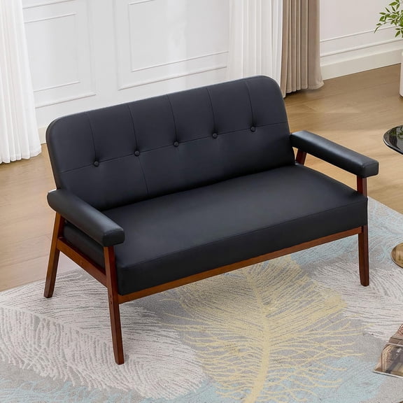 JIASTING 50” Black Leather Loveseat Sofa, Mid Century Modern Small Office Love Seat Couch with Wood Arms, Two Seater Couches for Small Spaces, Living Room, Waiting Room, Bedroom, Black