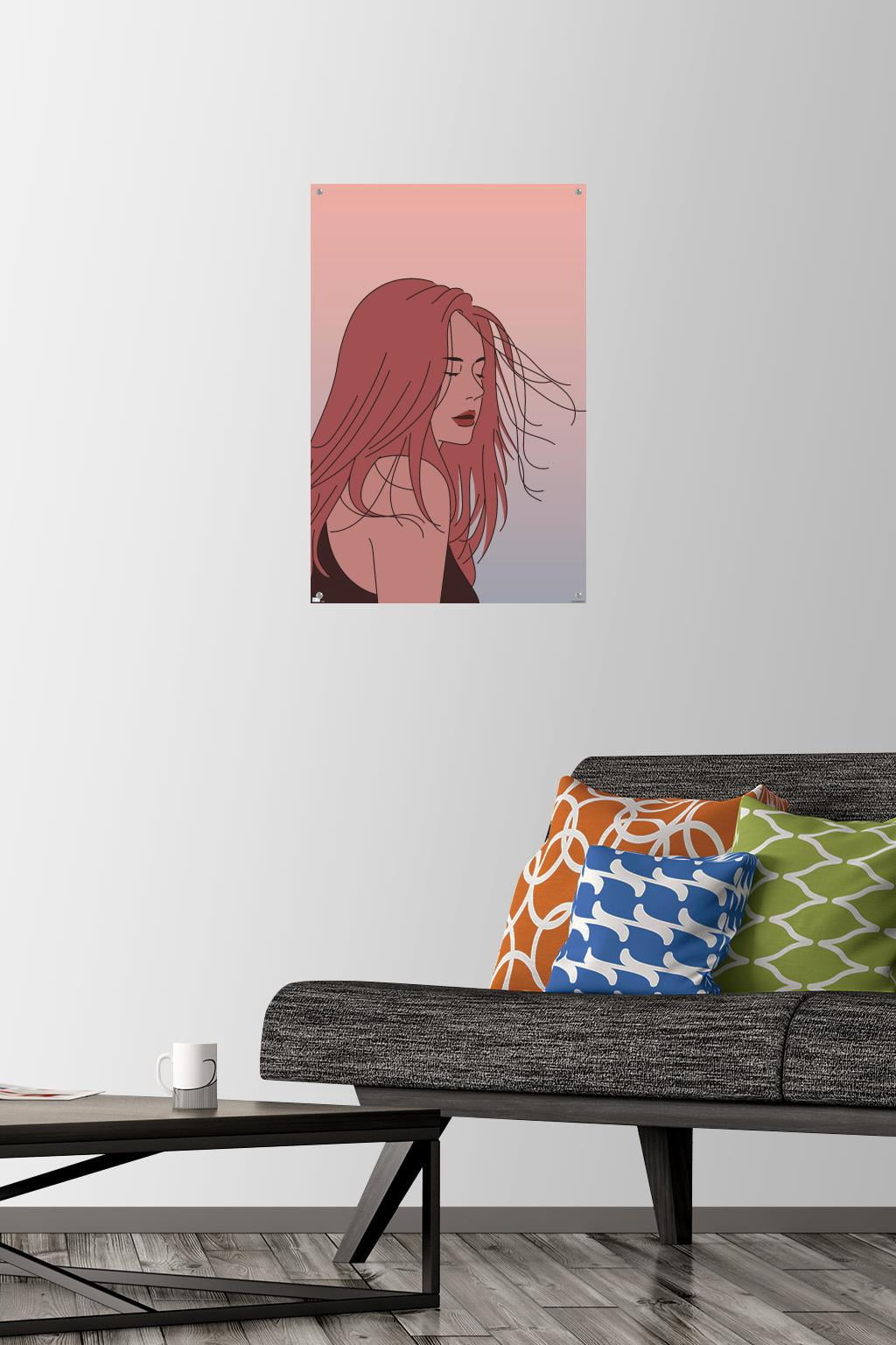 Hand Drawn Woman With Blowing Hair Wall Poster with Push Pins, 14.725" x 22.375"