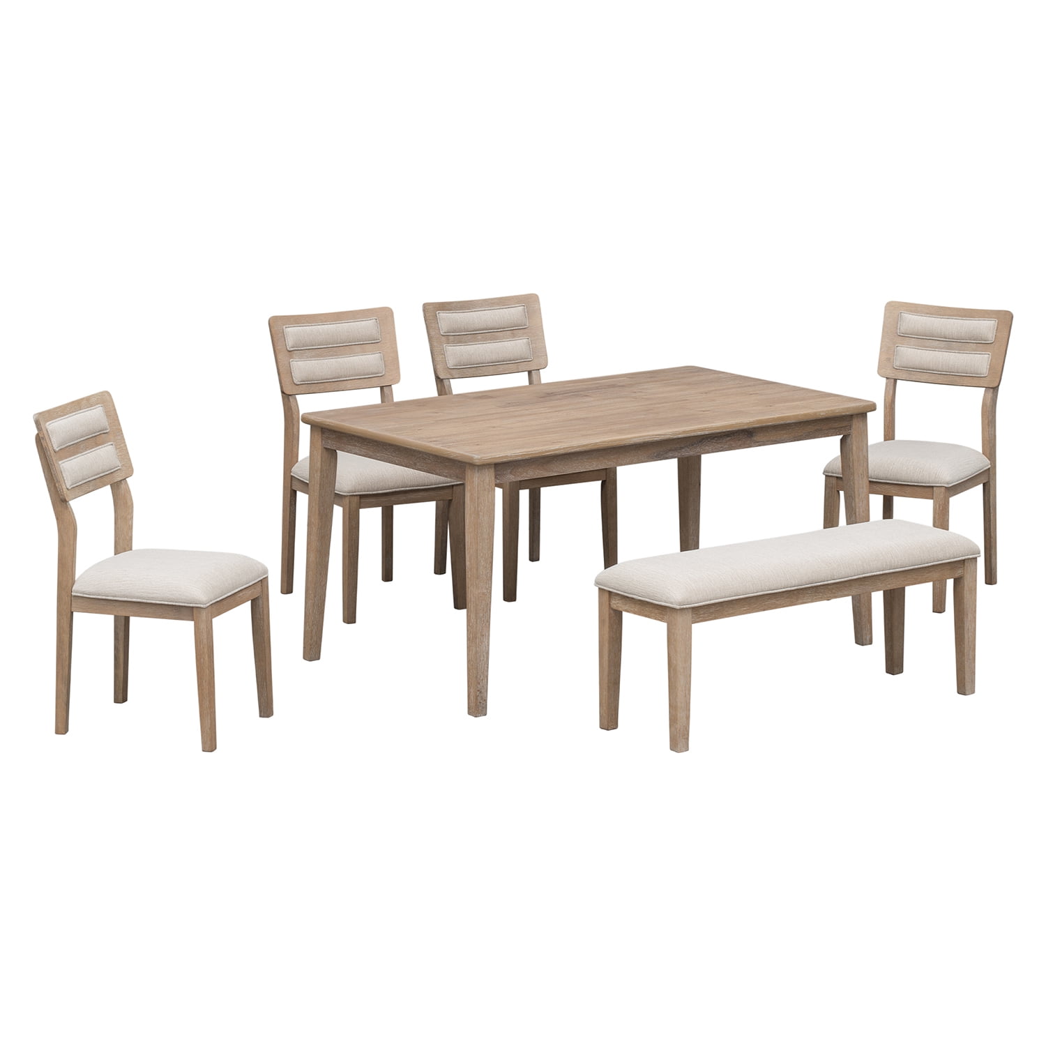 Kadyn Classic and Traditional Style 6 - Piece Dining Set, Solid Wood Dining Table Set with 4 Upholstered Chairs & Bench, Modern Dining Table Set for Kitchen, Natural Wood Wash