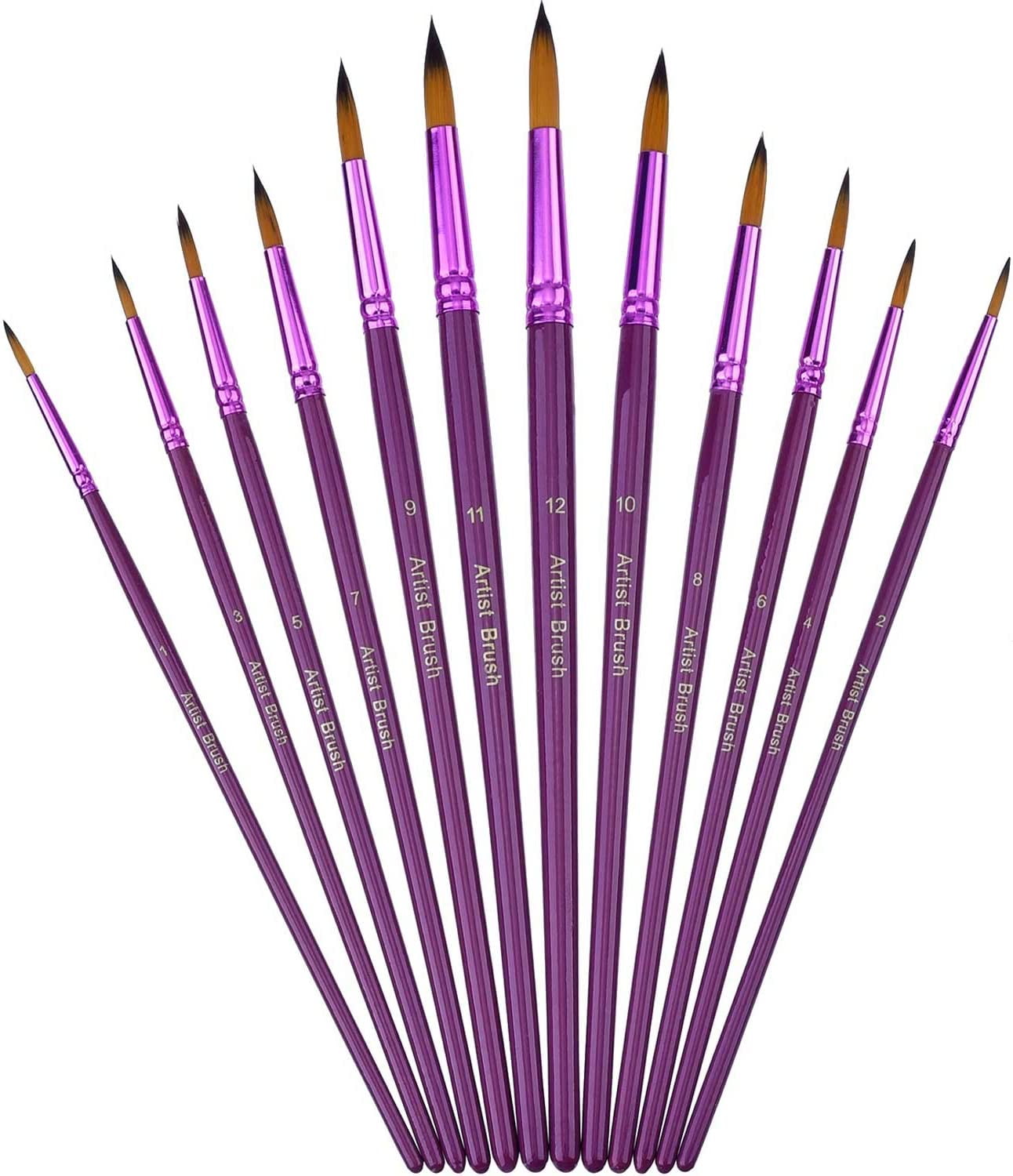 Watercolor Brushes - Artist Round Paint Brushes Set, 12 Different Sizes Detail Paint Brush for Watercolors, Acrylics, Inks, Gouache, Oil and Tempera - Purple
