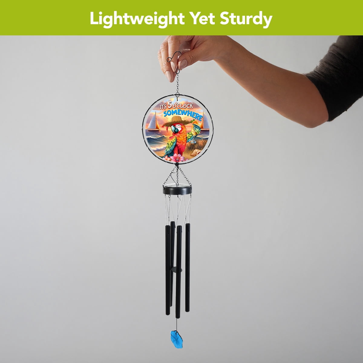 Briarwood Lane Summer LED Illuminated Solar Powered Glass Suncatcher  Wind Chime 37x8 Sunset Parrot For Summer Wind Chime For Outdoors Melodic Metal Windchimes Wind-Chimes