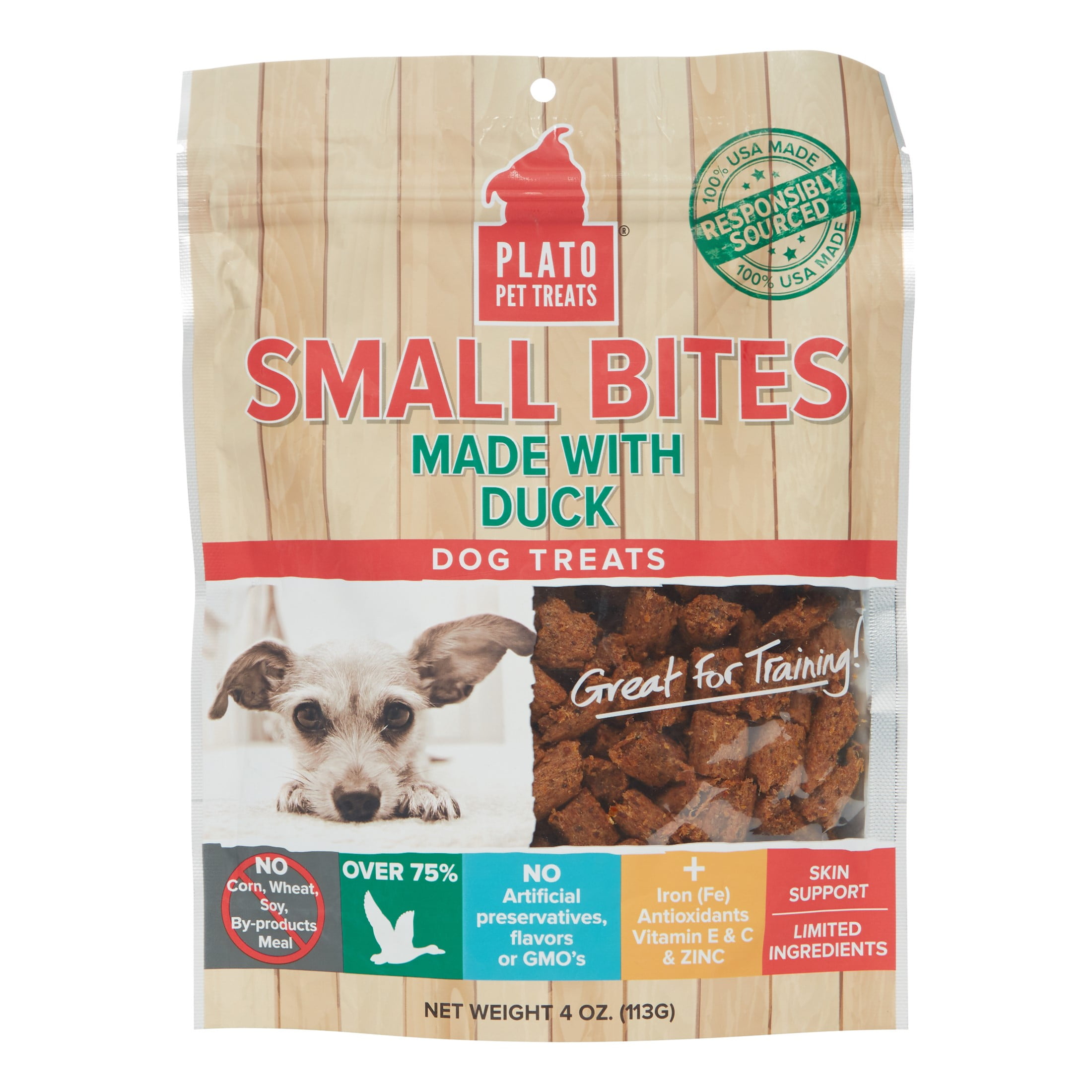 Plato Pet Treats Small Bites Real Duck Dog Treats, 4 Oz