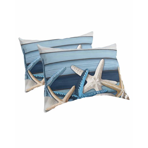 Coastal Starfish Pillow Covers King Size 2 Pack, Blue Wooden Grain Seashells Country Soft Bed Throw Pillowcases Breathable Cooling Long Lumbar Body Pillow Sham Cover for Bed Sofa 20''x36''