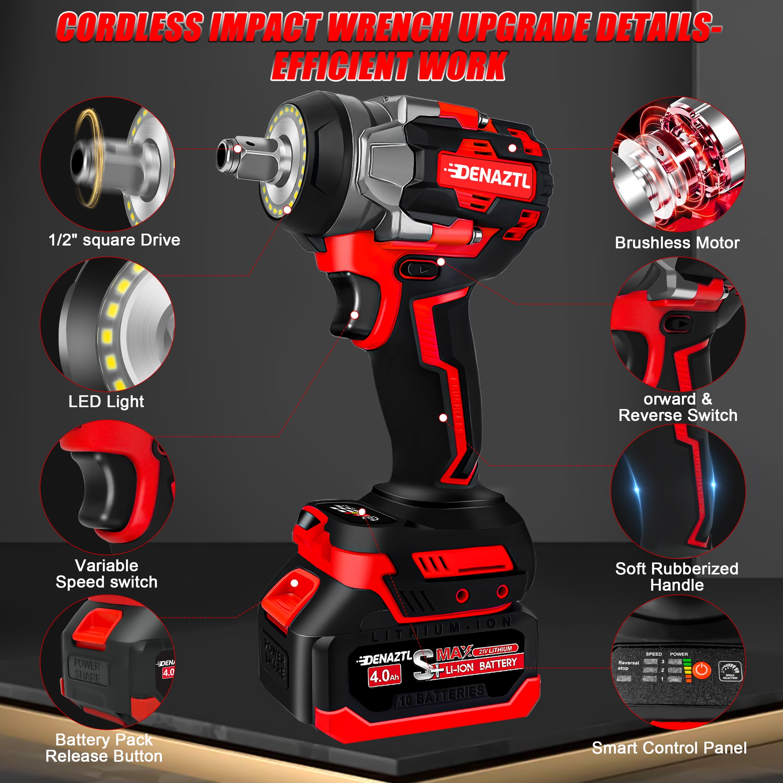 600 N.m Cordless Impact Wrench, 400 Ft-lbs 1/2 inch Electric Impact Gun, High Torque Brushless Impact Wrench w/ 2x 4.0Ah Battery, Fast Charger & 5 Sockets
