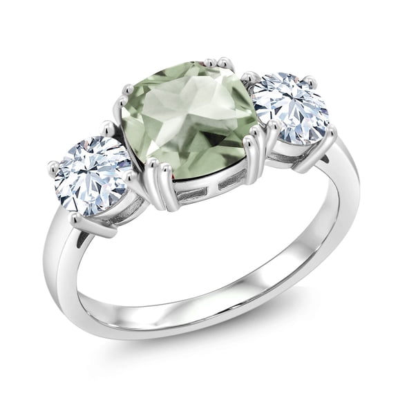 Gem Stone King 3.55 Cttw Green Prasiolite and White Zirconia 3-Stone Engagement Ring for Women | 925 Sterling Silver | Cushion 8MM | Three Stone Wedding Engagement Anniversary Ring for Women