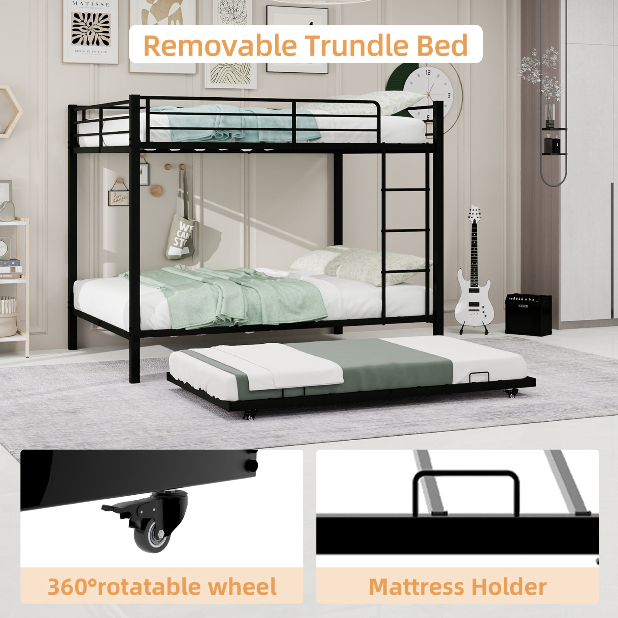 Leumius Triple Bunk Bed Full over Full with Trundle, Convertible Metal Bunk Bed Frame with Ladder & Safety Guardrail, Space-Saving for Teens and Adults,Black