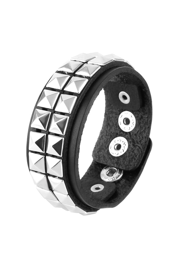 Unisex Black Genuine Leather Silver Pyramid Studs Wristband 80s Gothic Punk Glam (2 Rows)