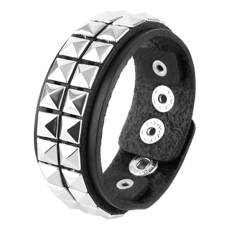HZMAN Unisex Black Genuine Leather Silver Pyramid Studs Wristband 80s Gothic Punk Glam (2 Rows)