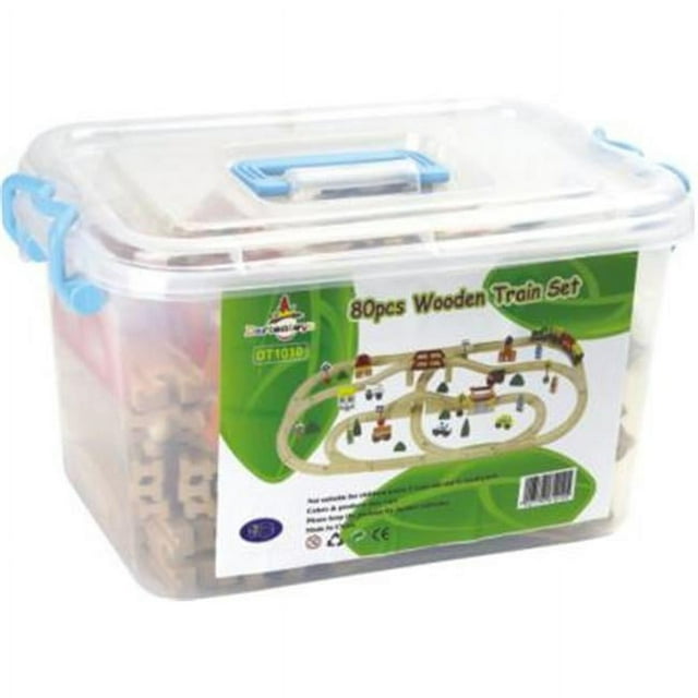 CHH 961010 Ensemble de 80 Pcs de trains en Bois Ranger dans une Baignoire en Plastique Transparent avec Poignées Bleues. Ce Jouet Multicolore pour Enfants Comprend des Rails en Bois, des trains et des Accessoires, Parfait pour le Jeu Imaginatif et Éducatif, avec Rangement Pratique.