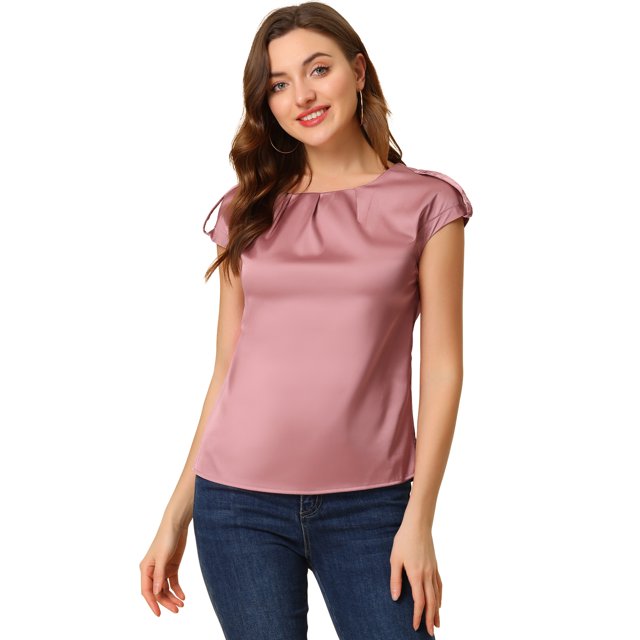 Unique Bargains Femmes Cap Manches Soyeux Chemisier Col Rond Plissé Affaires Casual Élégant Top Chemise