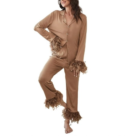 

Lapel Elegant Plain Pant Sets Camel Long Sleeve Women Pajama Sets
