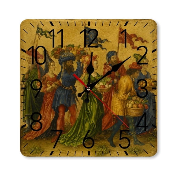 RKSupls 10×10inch Square Silent Wall Clock Wooden Frame, Medieval Fruit Procession Scale Decorative Clock for Home Bedroom Living Room Office