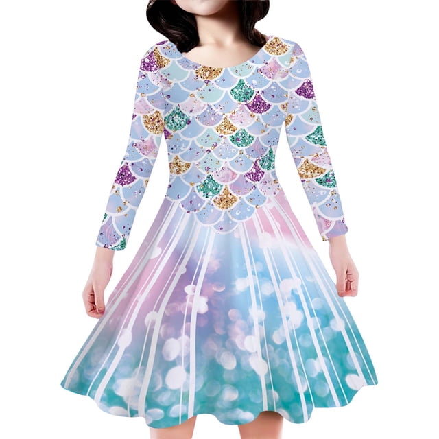 GPOECD Robes pour Filles Imprimé Festonné Robe Midi à Manches Longues pour Enfants Robe à Motif Stylée pour Grandes Filles Robes à Manches Longues 07_bleu Ciel,P