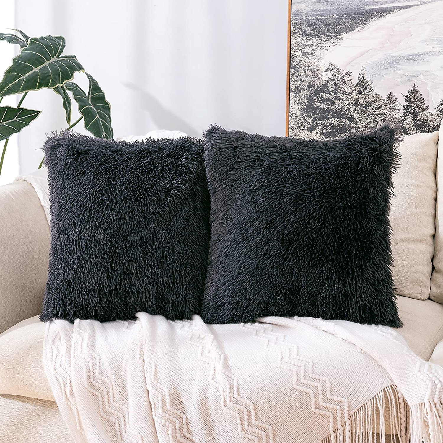 Lot De 2 Housses De Coussin Madizz – Fausse Fourrure Rayée – 80x40 Cm – Neuf