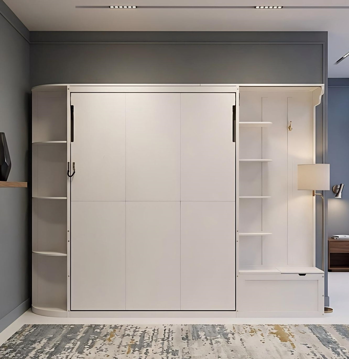 Aukfa Queen Murphy Bed with Storage & LED Lights, Space-Saving Modern Wall Bed Cabinet with Shelves & Hanging Hook for Small Spaces, Guest Room, Home, White