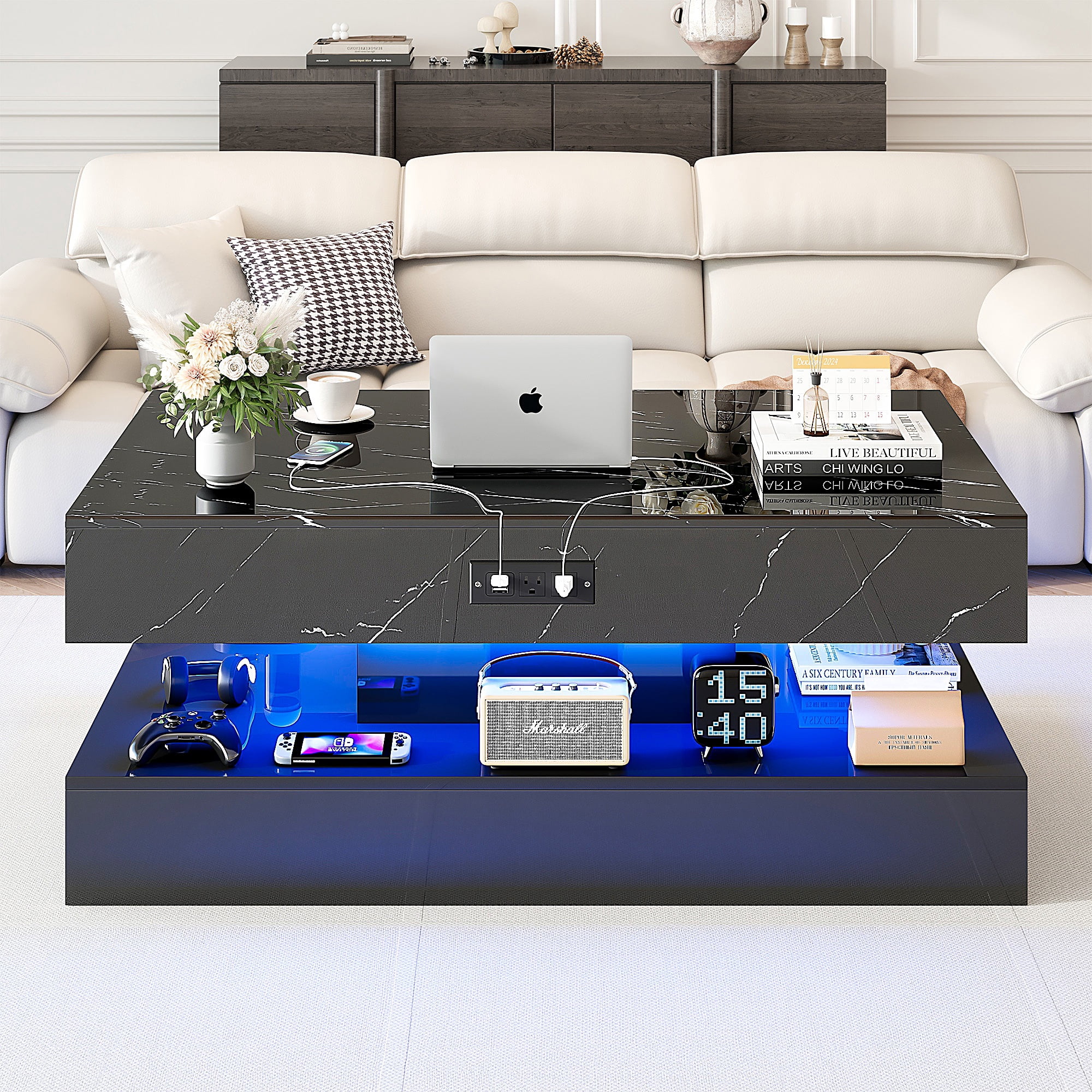 PAPROOS LED Black Coffee Table with 2 Drawers & Open Shelf – Large Modern High Gloss Center Table with Storage, Large Rectangle Living Room Coffee Table with Marble Print