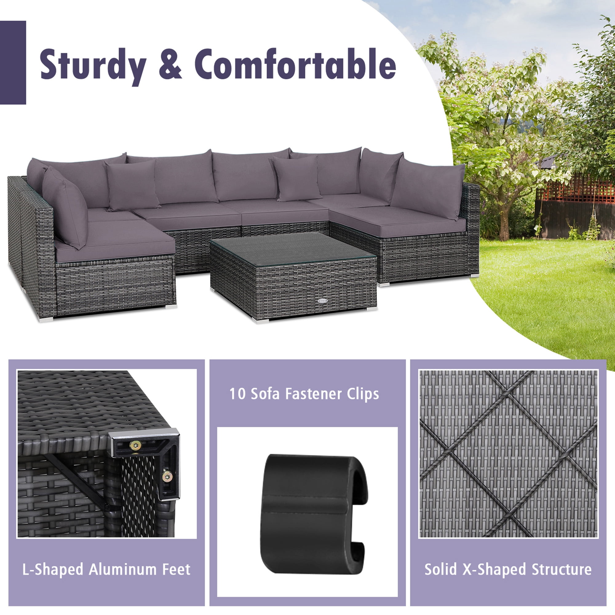 Gymax 7PCS Patio Rattan Sectional Sofa Set Outdoor Furniture Set w/ Grey Cushions
