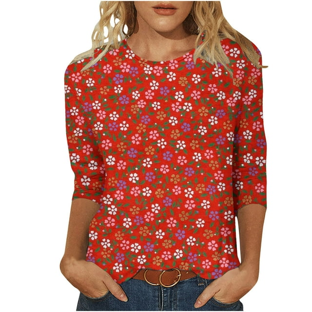 Hauts pour Femmes Décontractés Imprimés Col Rond Manches 3/4 T-Shirt Ample, Hauts Manches 3/4 pour Femmes, Hauts Décontractés pour Femmes, T-Shirts pour Femmes