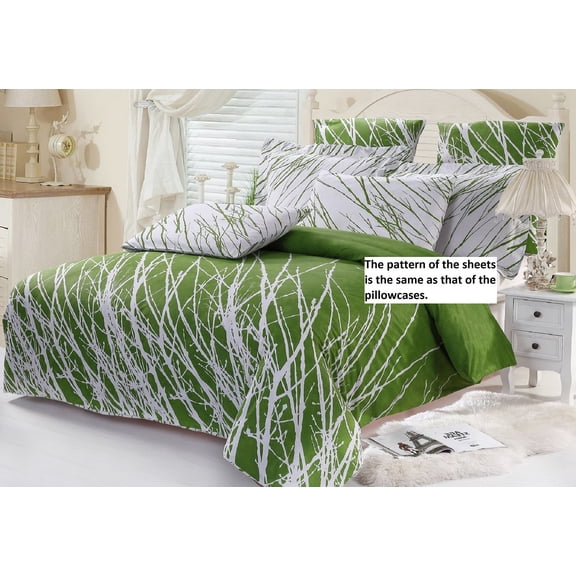 Swanson Beddings Tree Branches 100% Cotton Sheet Set : Fitted Sheet, Flat Sheet and Two Matching Pillowcases (White-Green, Queen)