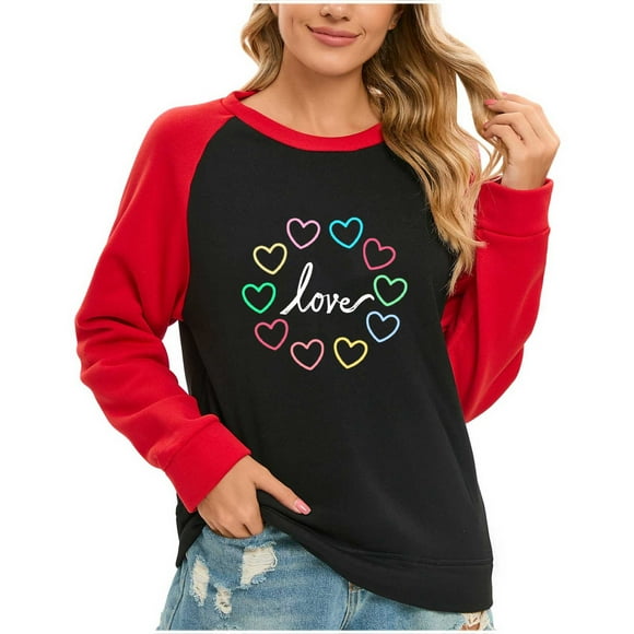 VALMASS Valentine's Day Oversized Sweatshirts for Women Raglan Sleeve Crewneck Tops Casual Loose Print Pullover Blouses (L, Black-D)