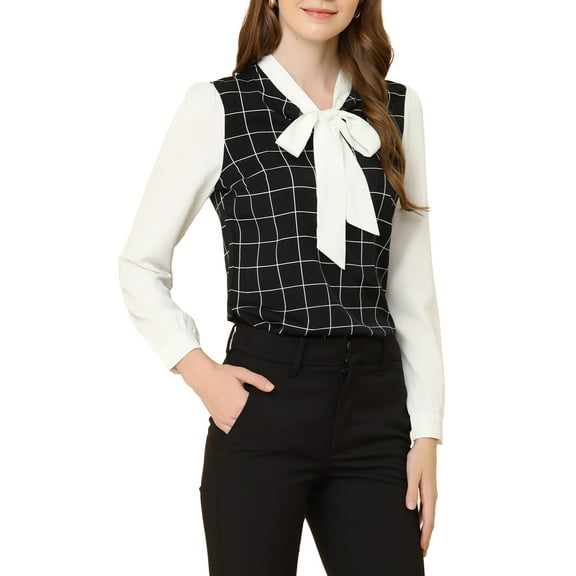 INSPIRE CHIC Women's Plaid Casual Contrast Color Long Sleeve Bow Tie Neck Blouse
