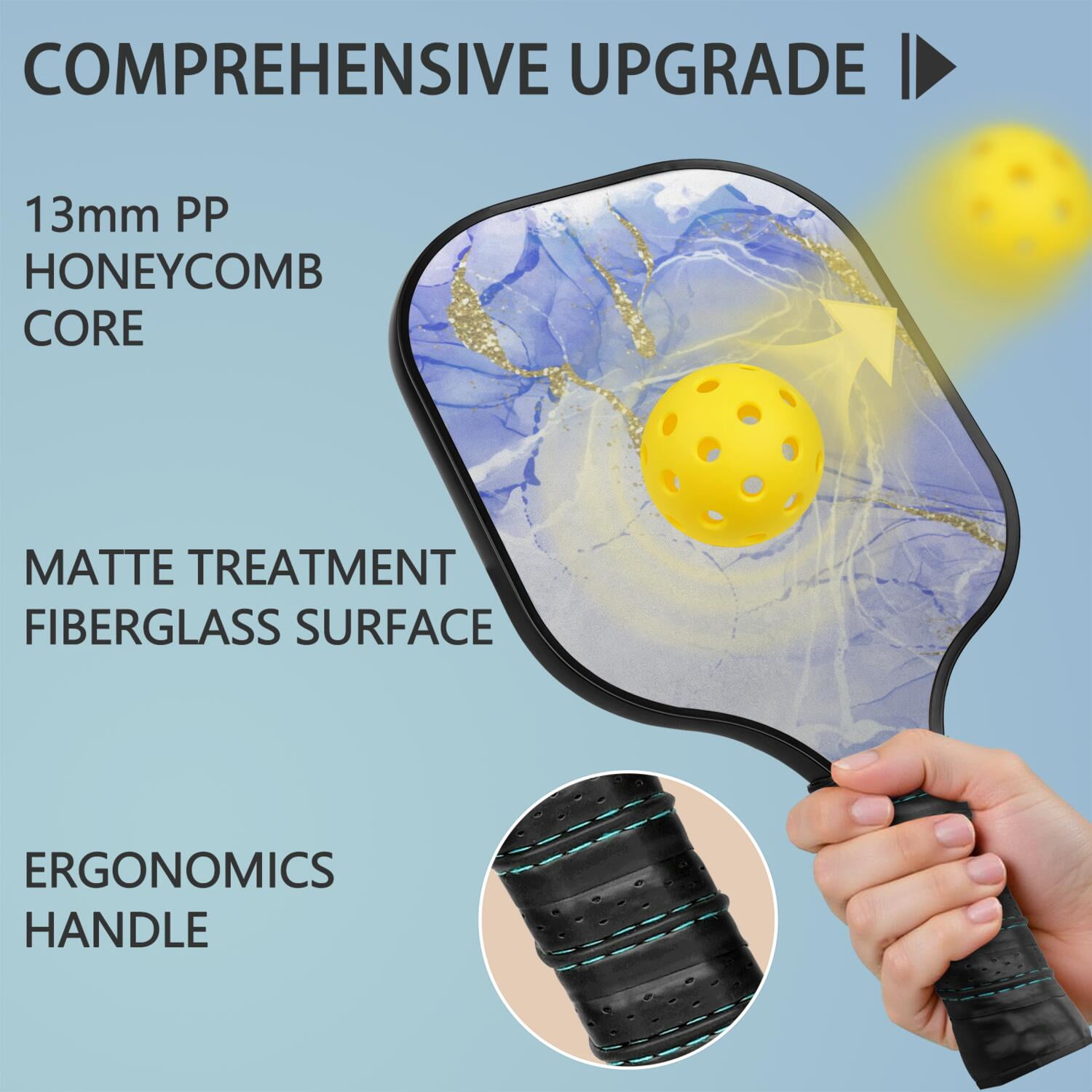 Pickleball Paddles Set Of 1, Fiberglass Surface, Turquoise Marble Pattern, 1 Paddle, 2 Balls & Bag