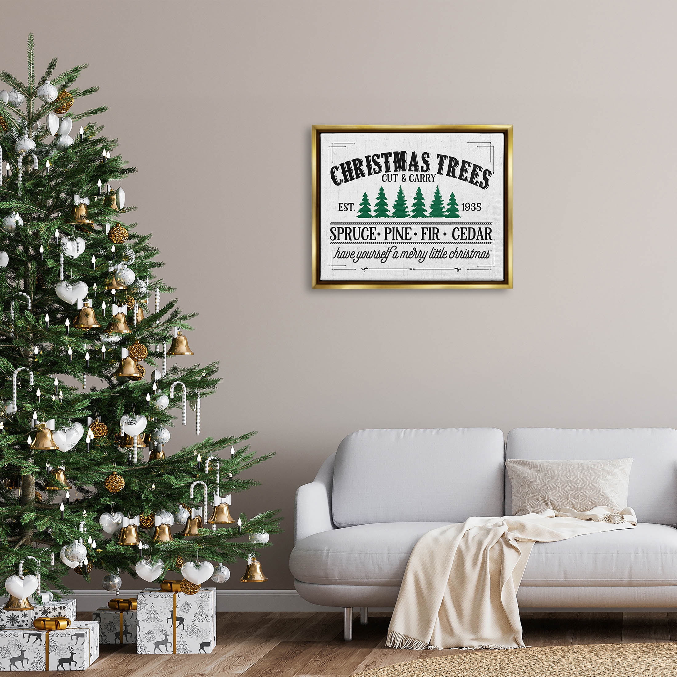 Stupell Industries Christmas Trees Vintage Sign Graphic Art Metallic Gold Floating Framed Canvas Print Wall Art, Design by Lettered and Lined