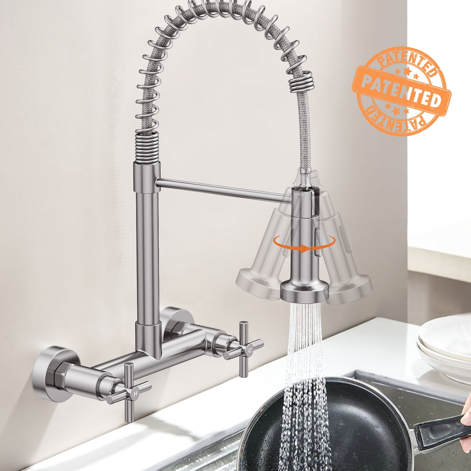 KINGTACK Wall Mount Kitchen Faucet,8 inch Commercial Sink Faucet with Sprayer, Dual Handles Utility Sink Faucet for Kitchen Laundry Restaurant,Stainless Steel, Chrome