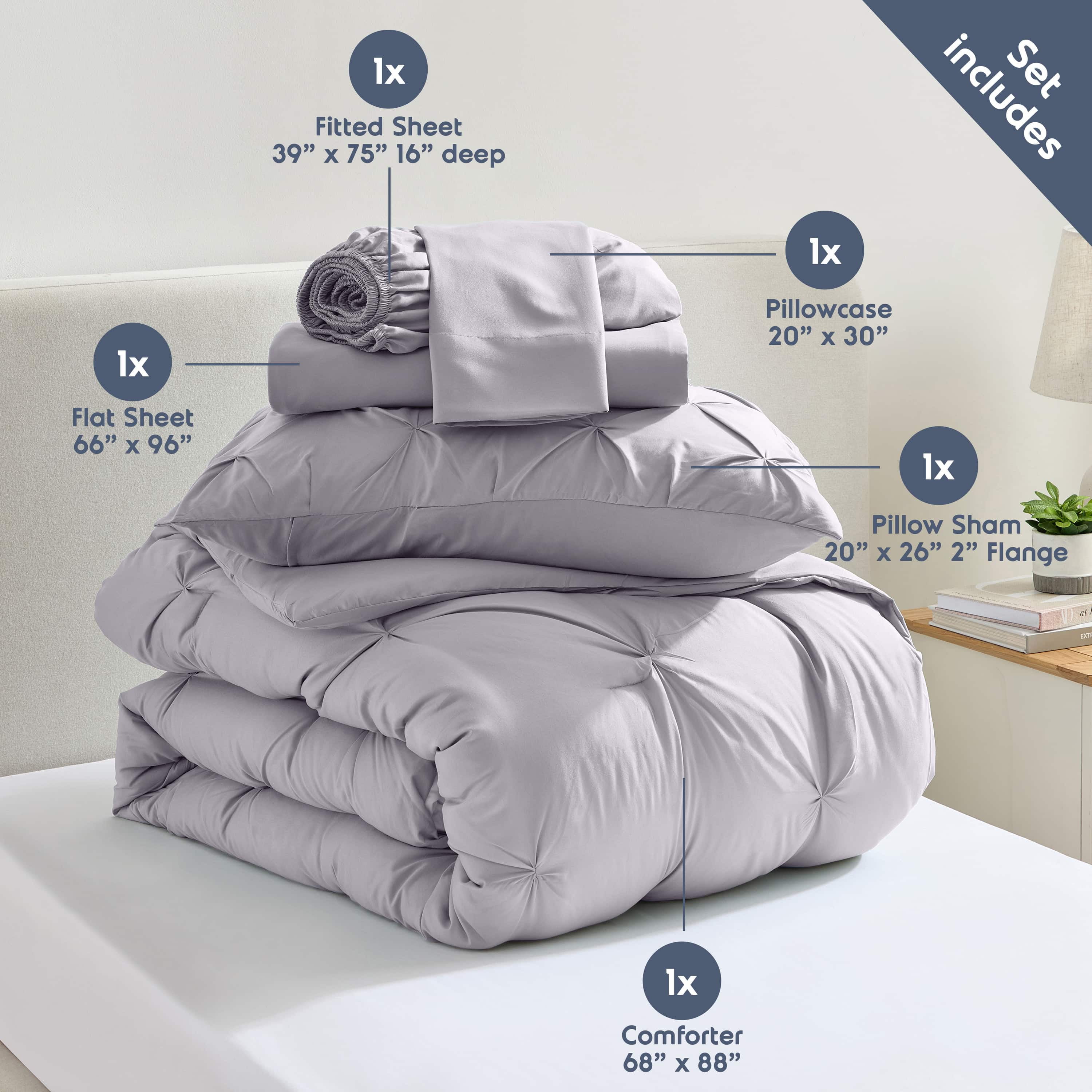 LammaLoe Twin Comforter Sets, 5 Piece Bed In A Bag Pintuck Bedding Sets, Grayish Lavender