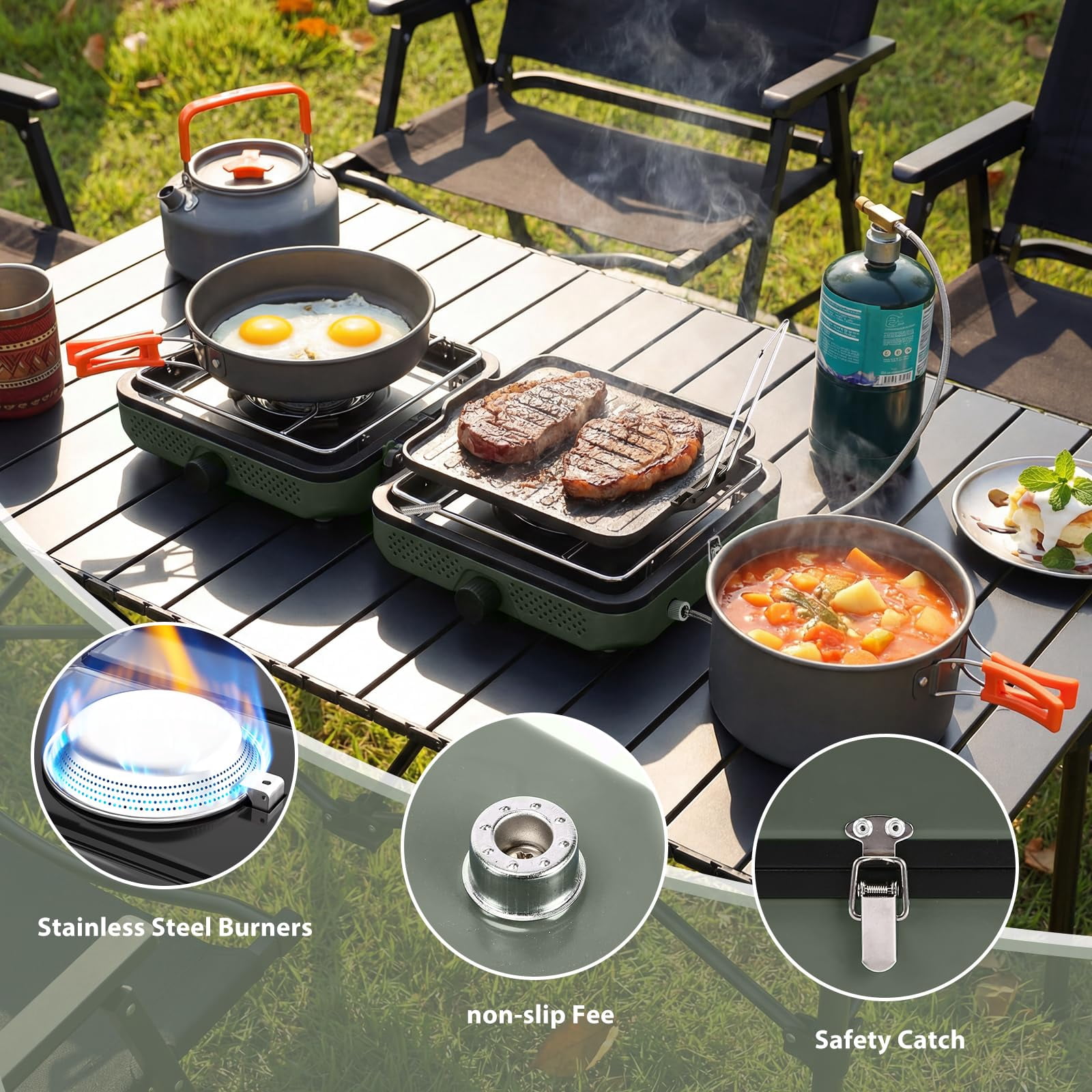 2 Burner Propane Camping Stove  30000 Btu Foldable Portable Gas With Cookware Set & Carry Bag Outdoor Cooking For Rv Emergency Use Green